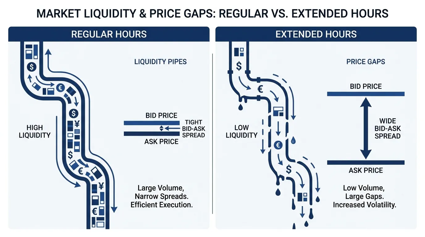 A split-screen diagram. Left side: Regular hours with thick "liquidity pipes" and narrow price gaps. Right side: Extended hours with thin "dripping pipes" and massive vertical gaps between bid and ask prices. Style: Clean, professional, navy blue and white color palette.
