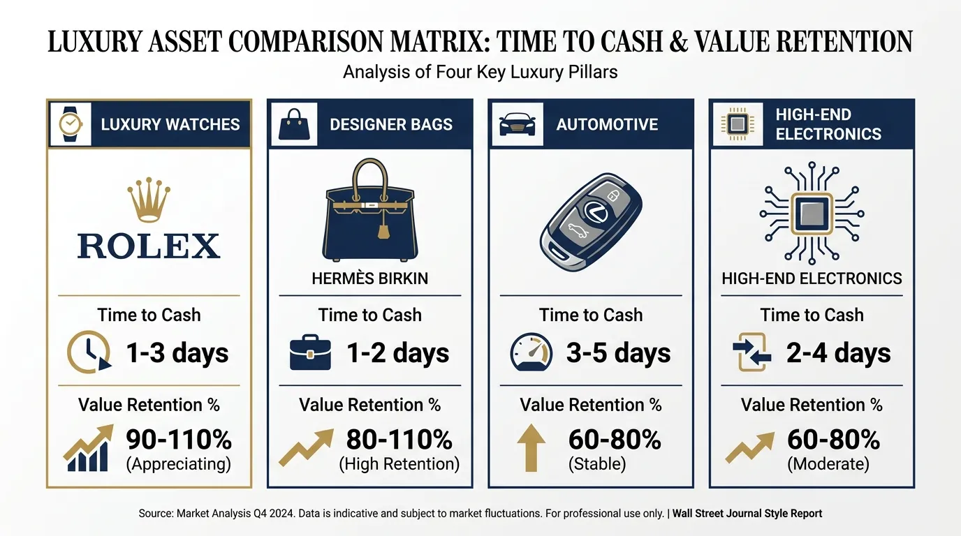 A clean, professional comparison matrix showing four pillars: Luxury Watches (Rolex logo), Designer Bags (Hermès Birkin), Automotive (Car key icon), and High-end Electronics. Each pillar shows "Time to Cash" (1-3 days) and "Value Retention %" (60-110%). Use a minimalist Wall Street Journal aesthetic with navy and gold accents.