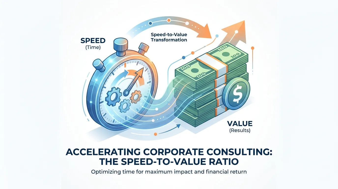 3D isometric representation of a stopwatch morphing into a stack of hundred-dollar bills, highlighting the "Speed-to-Value" ratio for corporate consulting.
