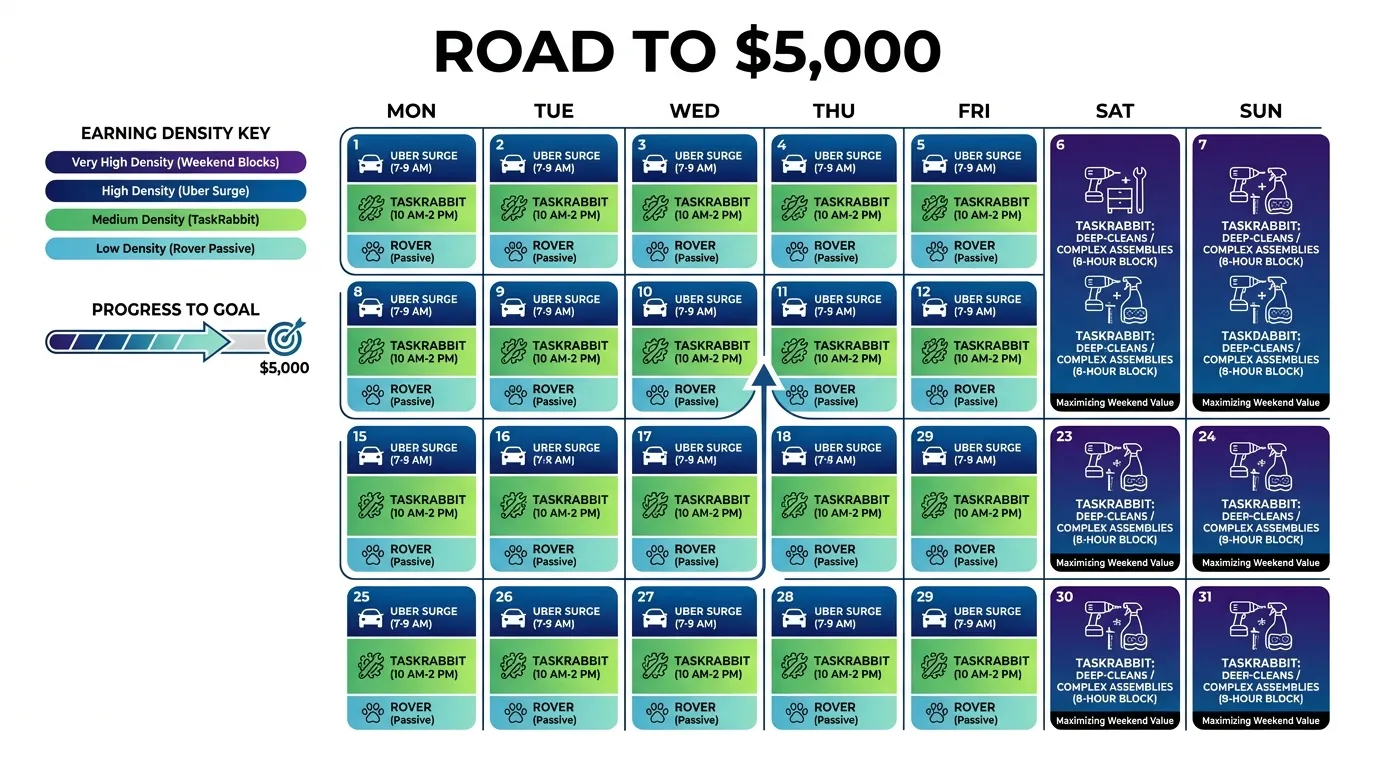 A high-contrast "Road to $5,000" calendar. Mon-Fri: Uber Surge (7-9 AM), TaskRabbit (10 AM-2 PM), Rover (Passive). Weekends: TaskRabbit Deep-Cleans or Complex Assemblies (8-hour blocks). Each day is color-coded by "Earning Density."