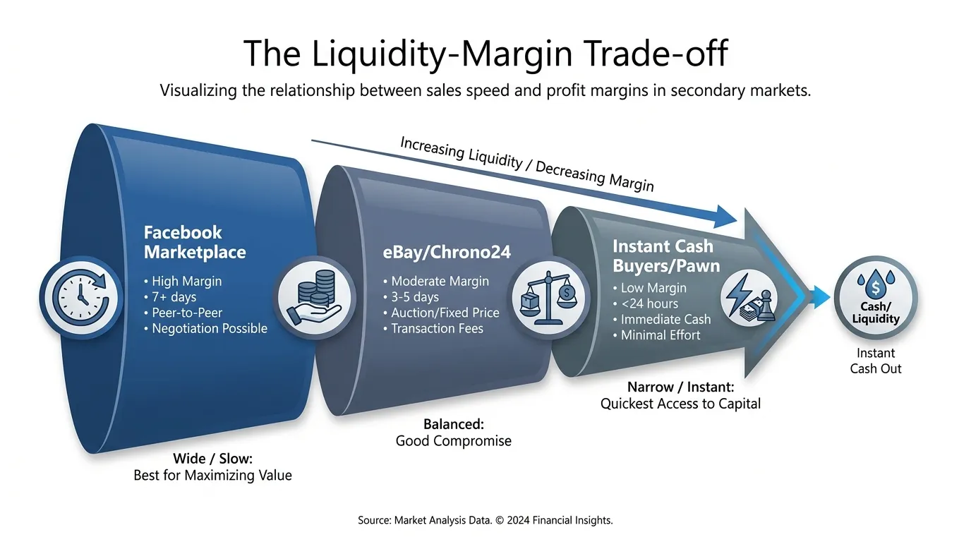 A horizontal funnel chart titled 'The Liquidity-Margin Trade-off'. On the left (Wide/Slow): Facebook Marketplace (High Margin, 7+ days). In the middle: eBay/Chrono24 (Moderate Margin, 3-5 days). On the right (Narrow/Instant): Instant Cash Buyers/Pawn (Low Margin, <24 hours). Use professional blue and slate grey tones.
