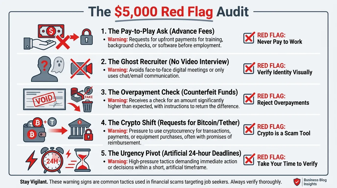 A high-contrast vertical checklist titled "The $5,000 Red Flag Audit." Five sections with bold icons: 1. The Pay-to-Play Ask (Advance Fees). 2. The Ghost Recruiter (No Video Interview). 3. The Overpayment Check (Counterfeit Funds). 4. The Crypto Shift (Requests for Bitcoin/Tether). 5. The Urgency Pivot (Artificial 24-hour Deadlines). Use a palette of warning red and slate grey.