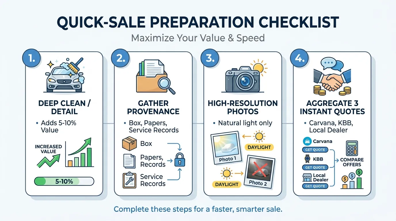 A vertical "Quick-Sale Preparation" checklist: 1. Deep Clean/Detail (Adds 5-10% value); 2. Gather Provenance (Box, Papers, Service Records); 3. High-Resolution Photos (Natural light only); 4. Aggregate 3 Instant Quotes (Carvana, KBB, Local Dealer).