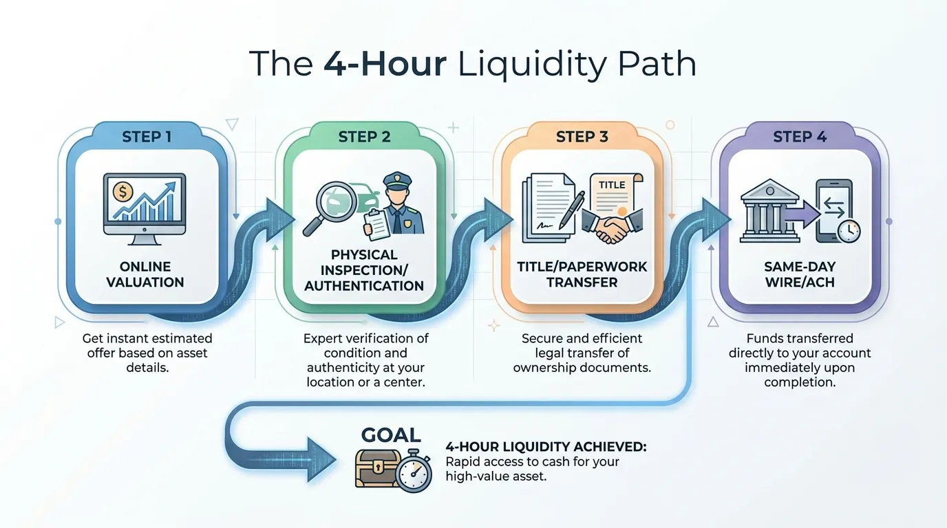 A flow chart titled "The 4-Hour Liquidity Path." Step 1: Online Valuation; Step 2: Physical Inspection/Authentication; Step 3: Title/Paperwork Transfer; Step 4: Same-day Wire/ACH.