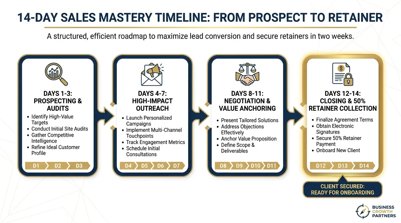A 14-day timeline flowchart showing: Days 1-3 (Prospecting & Audits), Days 4-7 (High-Impact Outreach), Days 8-11 (Negotiation & Value Anchoring), Days 12-14 (Closing & 50% Retainer Collection). Use a professional navy and gold color palette.