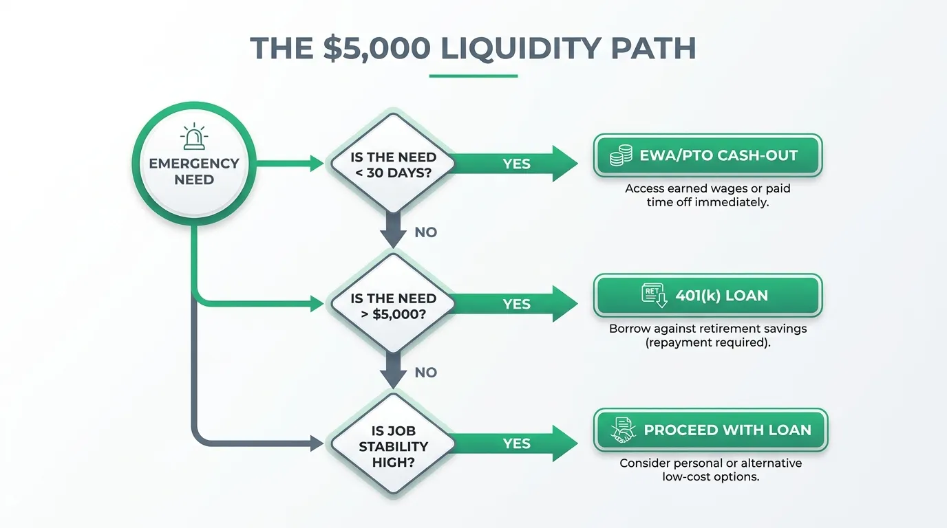 A decision-tree flowchart: "The $5,000 Liquidity Path." Start at "Emergency Need." Branch 1: Is the need < 30 days? -> EWA/PTO Cash-out. Branch 2: Is the need > $5,000? -> 401(k) Loan. Branch 3: Is job stability high? -> Proceed with Loan. Use professional slate gray and emerald green accents.