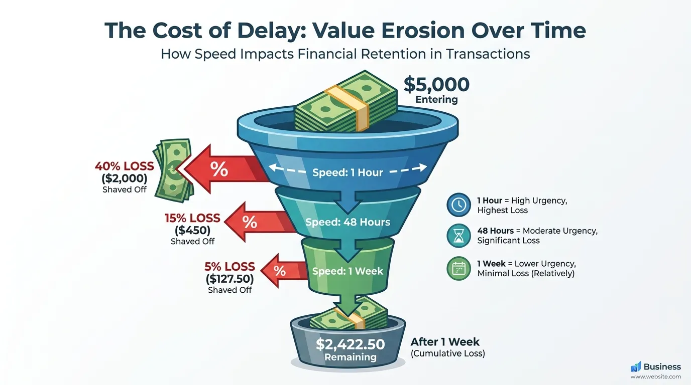 A funnel showing $5,000 entering at the top and different "shaved off" percentages based on speed (1 hour = 40% loss, 48 hours = 15% loss, 1 week = 5% loss).