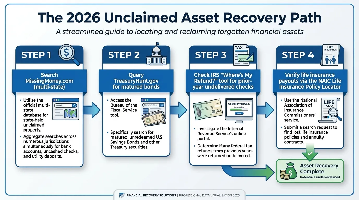 A professional, high-contrast flowchart titled "The 2026 Unclaimed Asset Recovery Path." Step 1: Search MissingMoney.com (multi-state). Step 2: Query TreasuryHunt.gov for matured bonds. Step 3: Check the IRS 'Where's My Refund?' tool for prior-year undelivered checks. Step 4: Verify life insurance payouts via the NAIC Life Insurance Policy Locator.