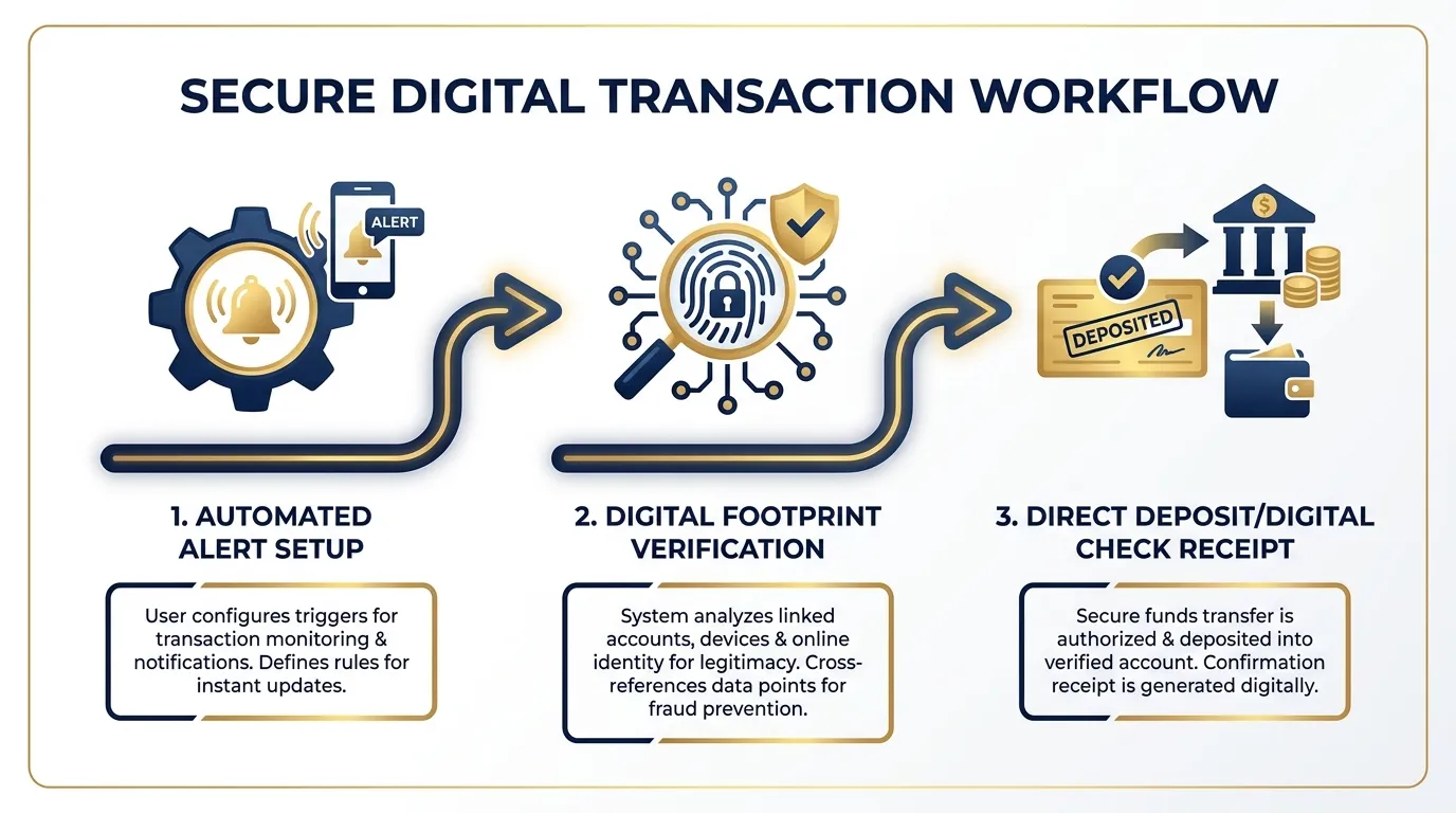 A 3-step workflow diagram showing: 1. Automated Alert Setup, 2. Digital Footprint Verification, 3. Direct Deposit/Digital Check Receipt. Use a clean, fintech-inspired aesthetic with deep navy and gold accents.