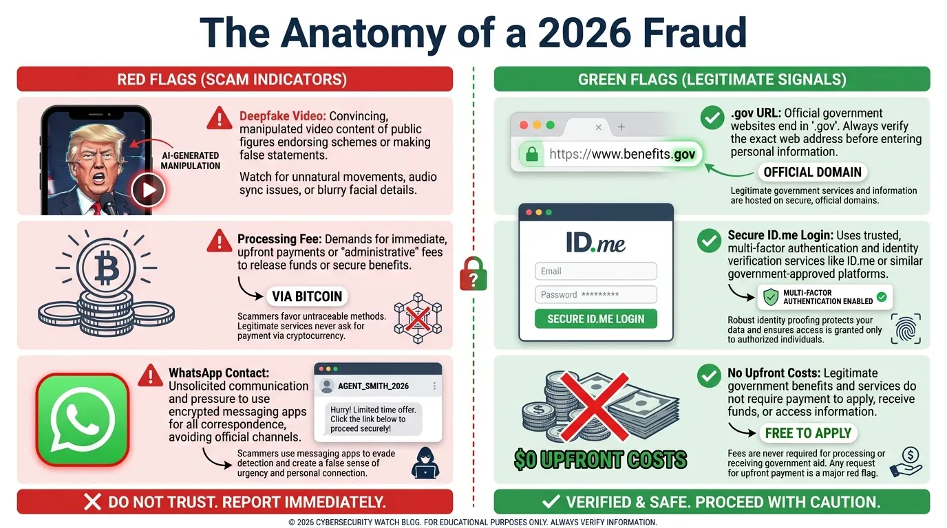 A split-screen comparison titled "The Anatomy of a 2026 Fraud." Left side (Red Flags): Deepfake video of a politician, "Processing Fee" via Bitcoin, and WhatsApp contact. Right side (Green Flags): .gov URL, Secure ID.me login, and $0 upfront costs.