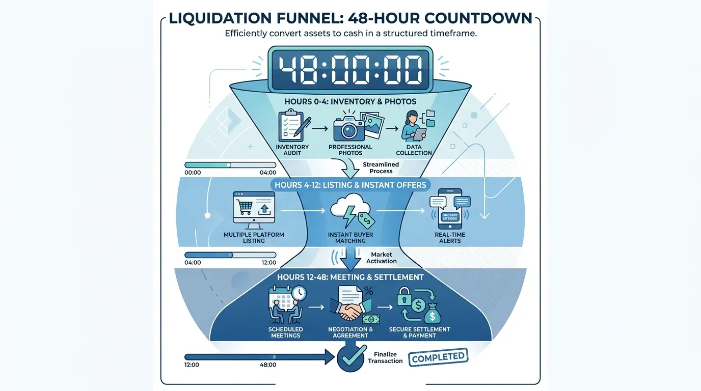 A 48-hour countdown clock showing the Liquidation Funnel: Hours 0-4 (Inventory & Photos), Hours 4-12 (Listing & Instant Offers), Hours 12-48 (Meeting & Settlement).