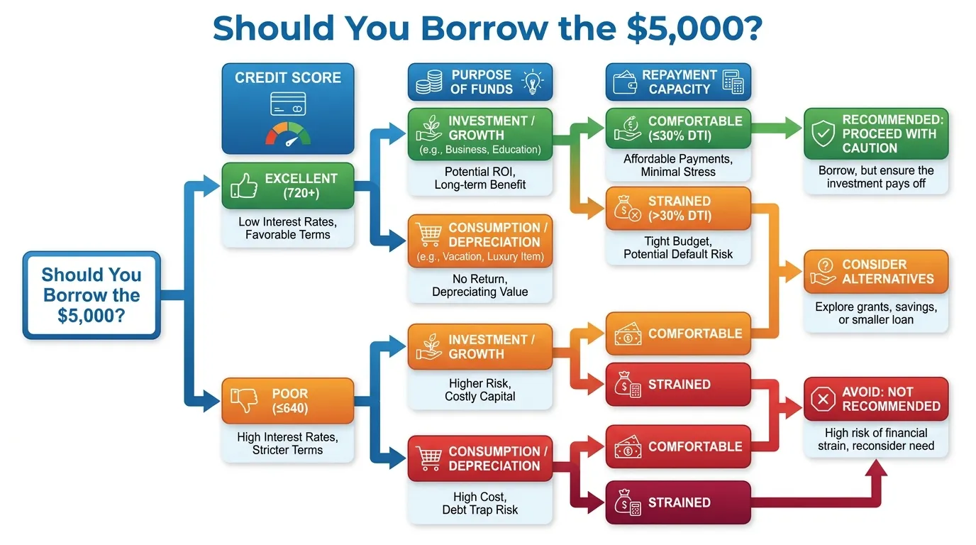 A decision tree titled "Should You Borrow the $5,000?" branching into Credit Score > Purpose of Funds > Repayment Capacity.