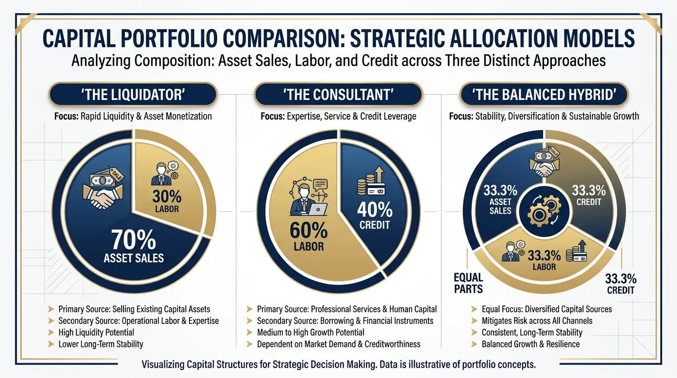 A professional comparison of three "Capital Portfolios": 1. 'The Liquidator' (70% asset sales, 30% labor), 2. 'The Consultant' (60% labor, 40% credit), and 3. 'The Balanced Hybrid' (Equal parts sales, labor, and credit). Use a clean, Swiss-style layout with navy and gold accents.