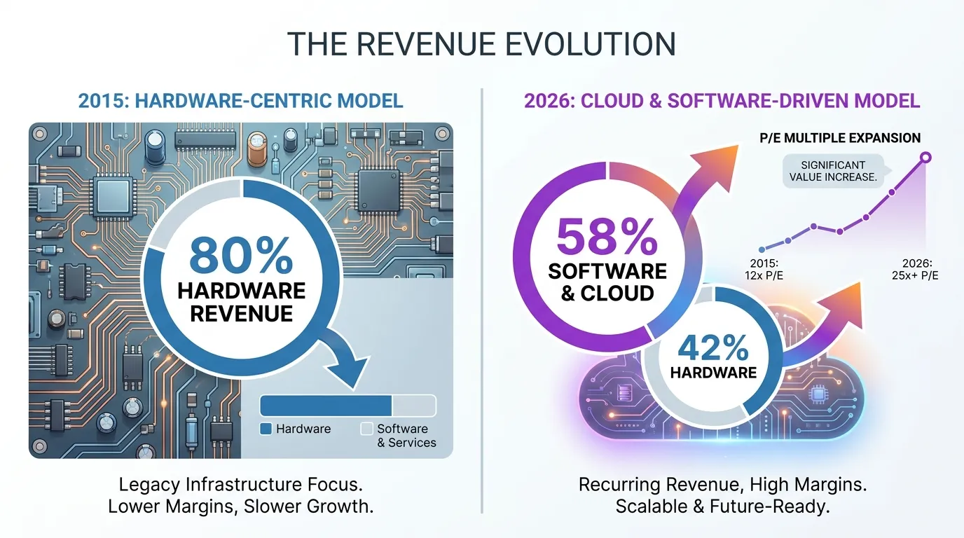 A split-screen visual titled "The Revenue Evolution." Left side (2015): A circuit board representing 80% hardware. Right side (2026): A glowing cloud icon representing a 58/42 hardware-software split, with arrows pointing up towards a rising P/E multiple line chart.