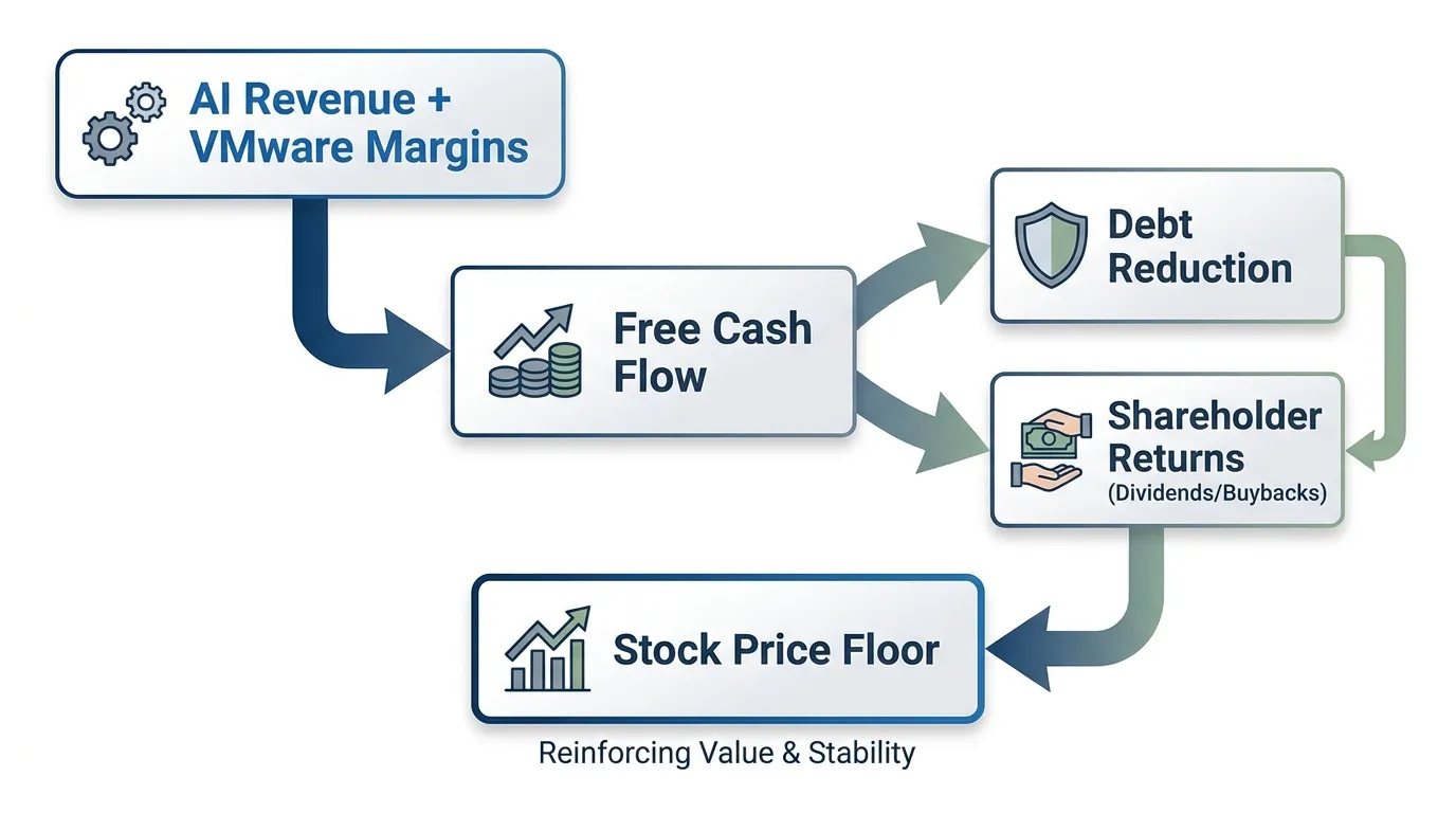 A clean, professional flow chart showing "AI Revenue + VMware Margins" feeding into "Free Cash Flow," which splits into "Debt Reduction" and "Shareholder Returns (Dividends/Buybacks)," reinforcing the stock price floor.