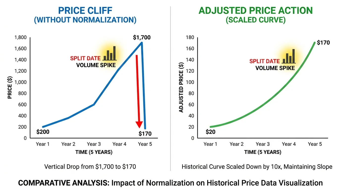 A split-screen diagram. Left side shows the 'Price Cliff' without normalization (a vertical drop from $1,700 to $170). Right side shows 'Adjusted Price Action' where the entire historical 5-year curve is scaled down by 10x, maintaining the upward parabolic slope. Highlight the 'Volume Spike' on the split date.