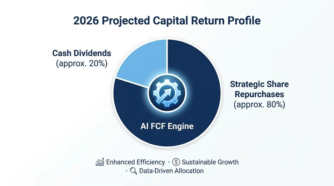 A clean, two-tone pie chart titled "2026 Projected Capital Return Profile." One slice (approx. 20%) labeled "Cash Dividends," and a larger slice (approx. 80%) labeled "Strategic Share Repurchases," with a glowing "AI FCF Engine" at the center.