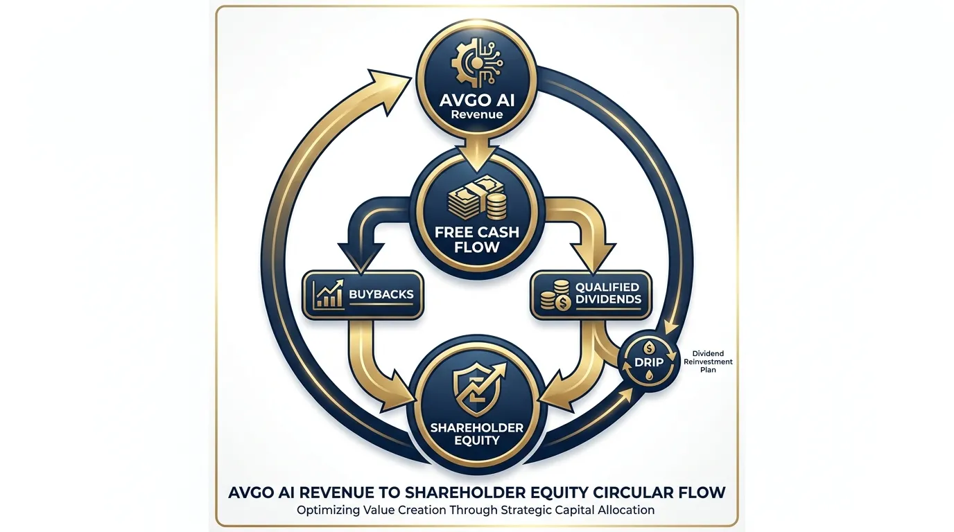 A circular flow diagram showing AVGO AI Revenue flowing into Free Cash Flow, which splits into Buybacks and Qualified Dividends, then looping back into Shareholder Equity via DRIP. Use a professional navy and gold color palette.