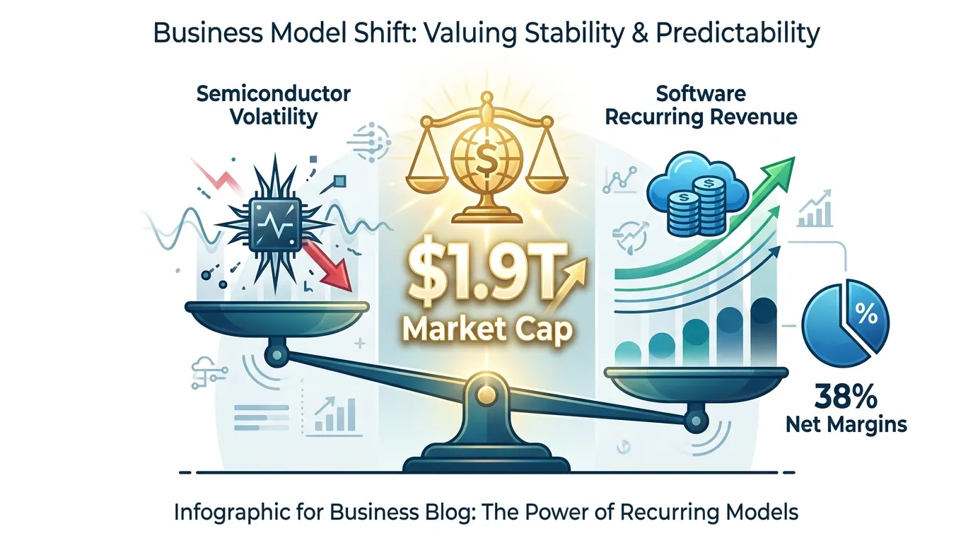 A professional dashboard showing a balance scale. On one side, "Semiconductor Volatility" is outweighed by "Software Recurring Revenue" and "38% Net Margins," with a glowing $1.9T market cap icon in the center.