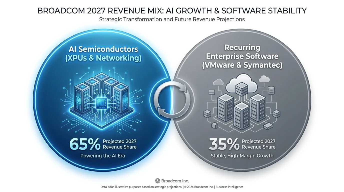 A clean, modern split-circle diagram showing Broadcom's 2027 revenue mix. One side: 'AI Semiconductors (XPUs & Networking)' in glowing blue. Other side: 'Recurring Enterprise Software (VMware & Symantec)' in solid grey. Include icons for data centers and cloud servers.