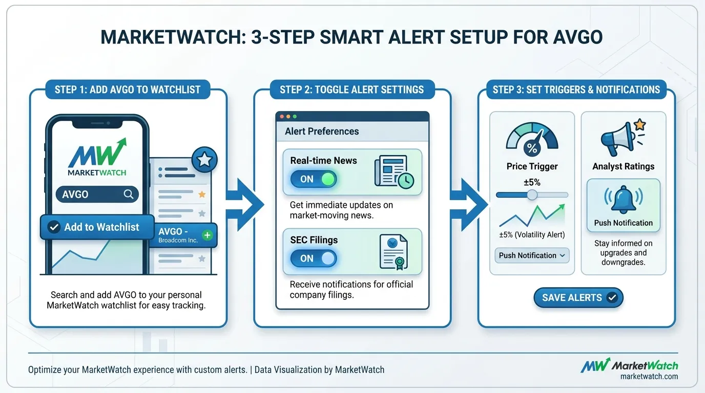 A 3-step flowchart for MarketWatch. Step 1: Add AVGO to Watchlist. Step 2: Toggle 'Real-time News' and 'SEC Filings' in Alert Settings. Step 3: Set 'Price Trigger' at ±5% and 'Analyst Ratings' to Push Notification.