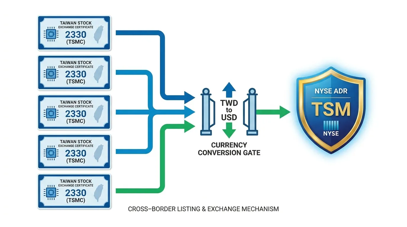 A central flow diagram showing 5 individual Taiwan "2330" certificates merging into a single "TSM" NYSE ADR shield, with a currency conversion gate (TWD to USD) in between.