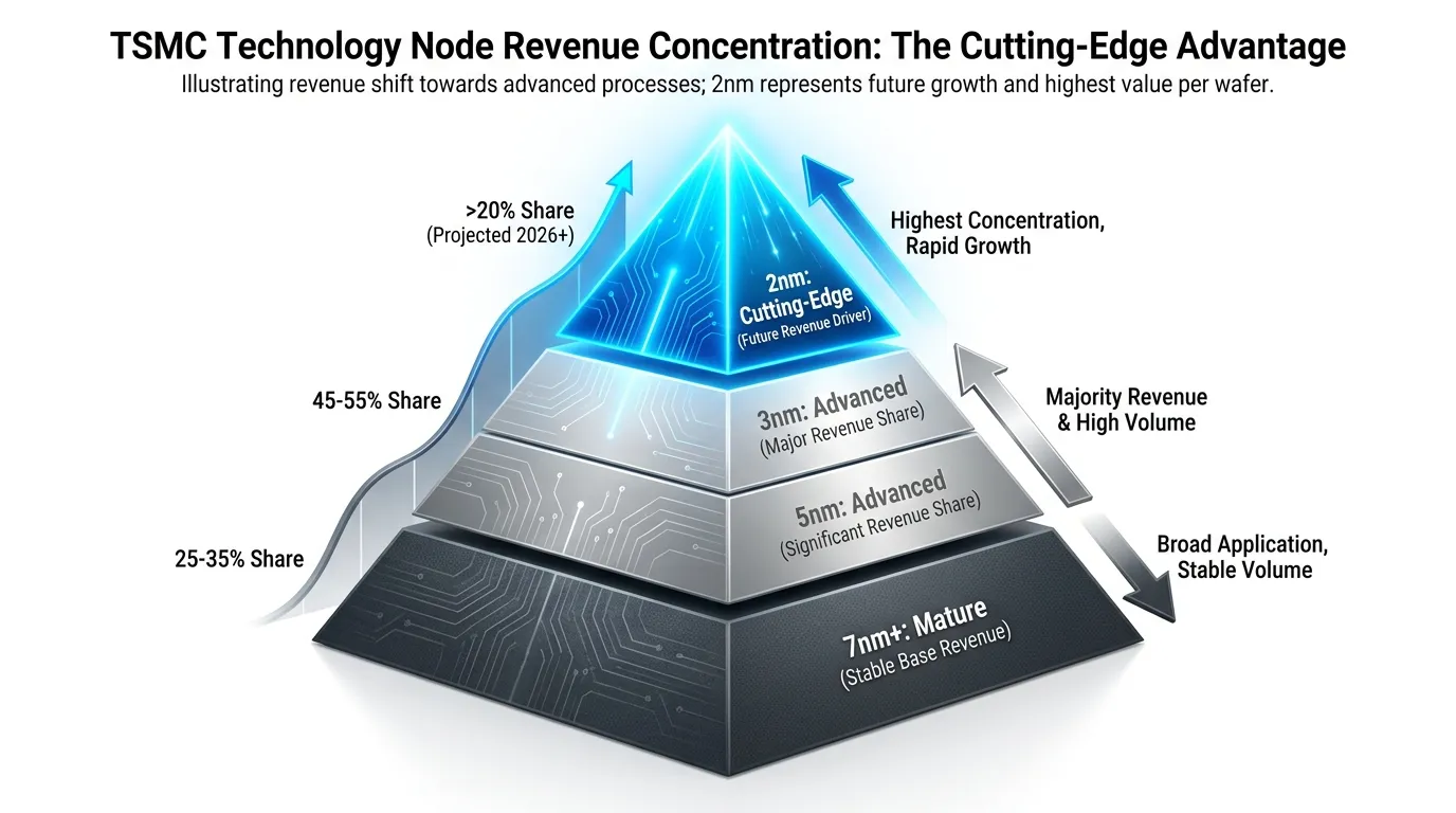 A clean, segmented 3D pyramid representing TSMC's technology nodes. The tip (2nm) is glowing neon blue, the middle (3nm/5nm) is solid silver, and the base (7nm+) is dark grey, illustrating the revenue concentration at the cutting edge.