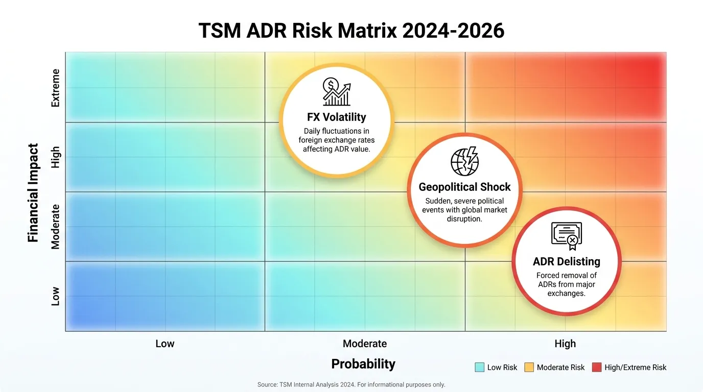 A risk heatmap titled "TSM ADR Risk Matrix 2024-2026." The Y-axis measures "Financial Impact" and the X-axis measures "Probability." Three distinct circles: "FX Volatility" (High Probability/Moderate Impact), "Geopolitical Shock" (Moderate Probability/Extreme Impact), and "ADR Delisting" (Low Probability/High Impact). Use a color gradient from cool blue to warning red.