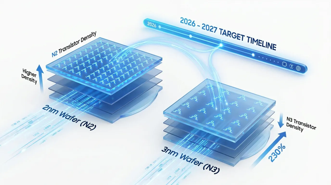 3D exploded view of a 2nm wafer showing N2 transistor density compared to N3, with glowing blue data streams connecting to a 2026-2027 timeline.
