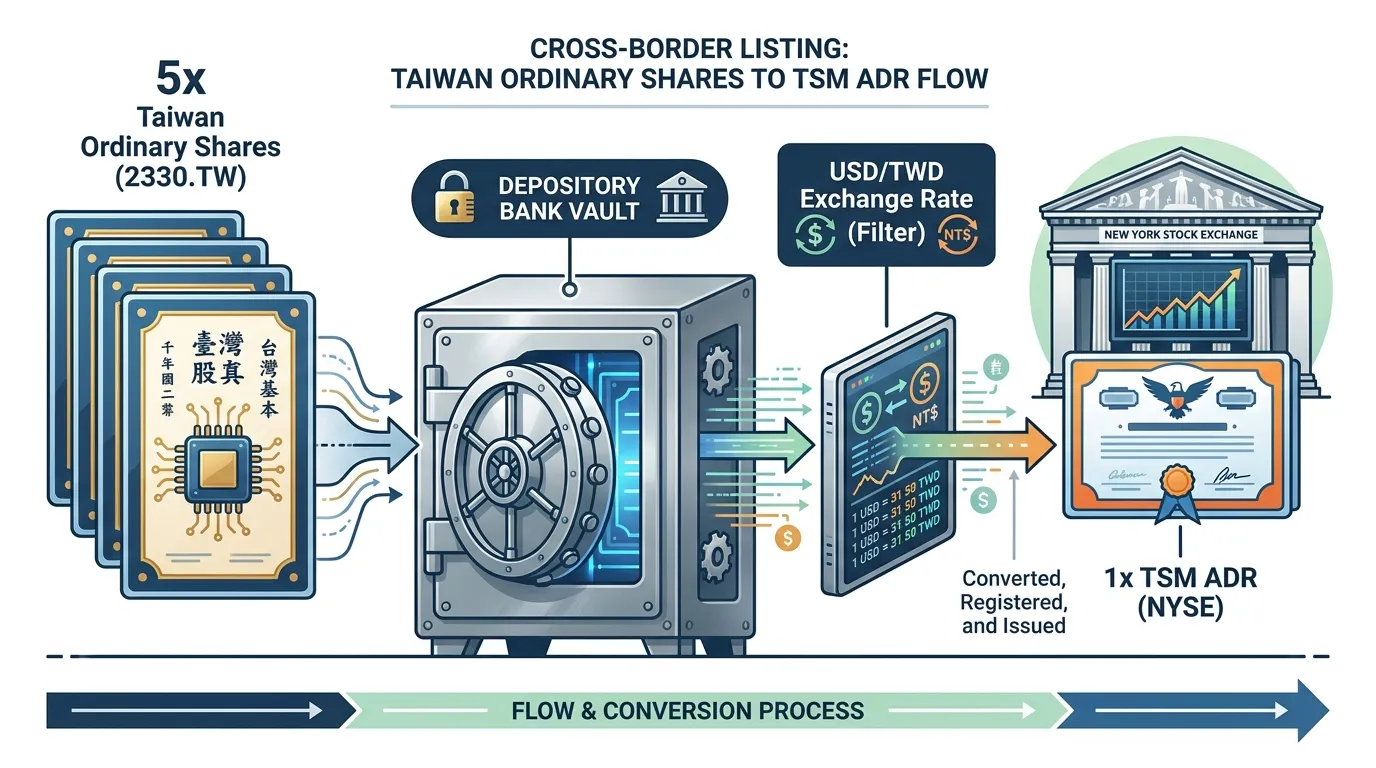 Diagram showing the flow of 5x Taiwan Ordinary Shares (2330.TW) entering a "Depository Bank" vault and emerging as 1x TSM ADR on the NYSE, with a "USD/TWD Exchange Rate" filter in between.