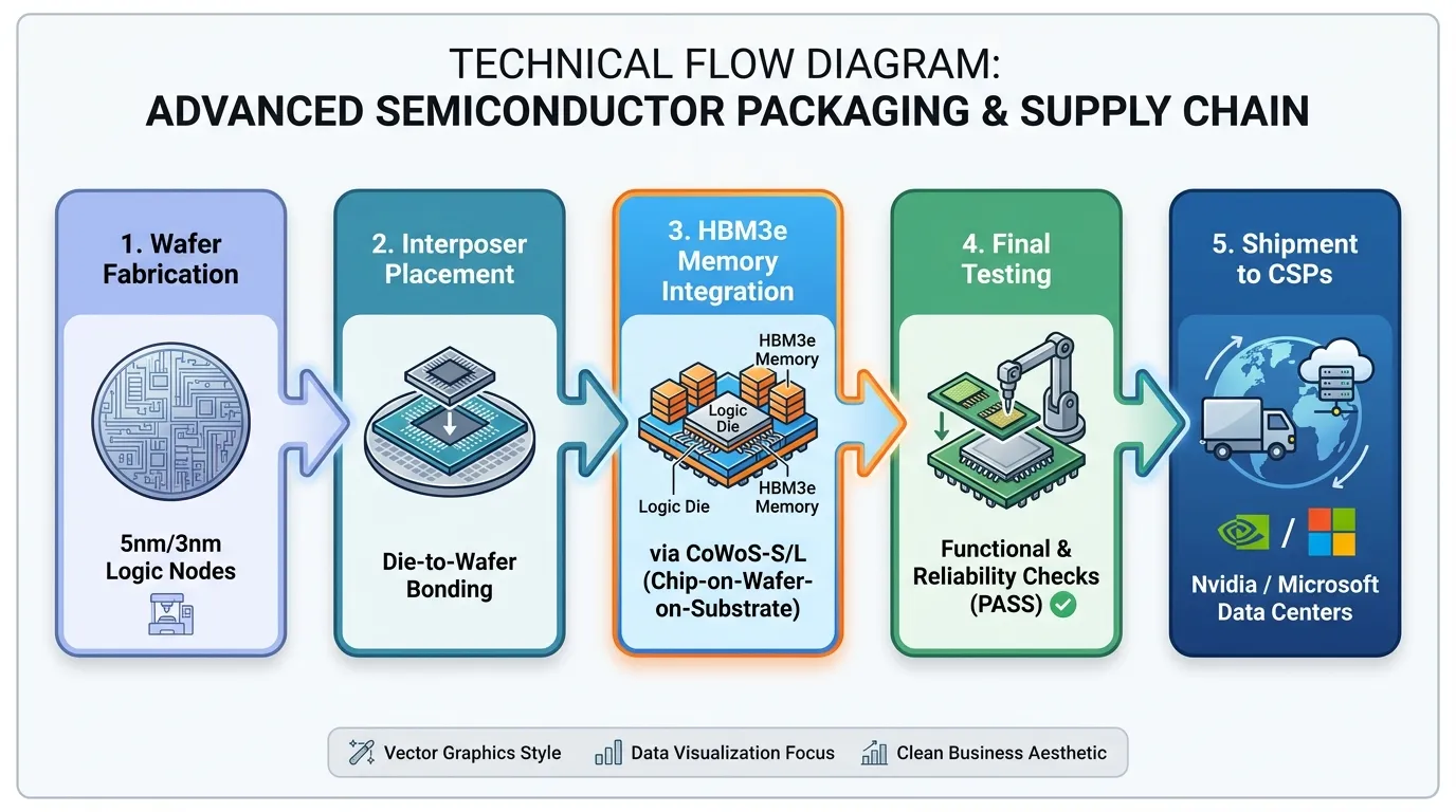 Technical flow diagram: 1. Wafer Fabrication (5nm/3nm logic) -> 2. Interposer Placement -> 3. HBM3e Memory Integration via CoWoS-S/L -> 4. Final Testing -> 5. Shipment to CSPs (Nvidia/Microsoft).