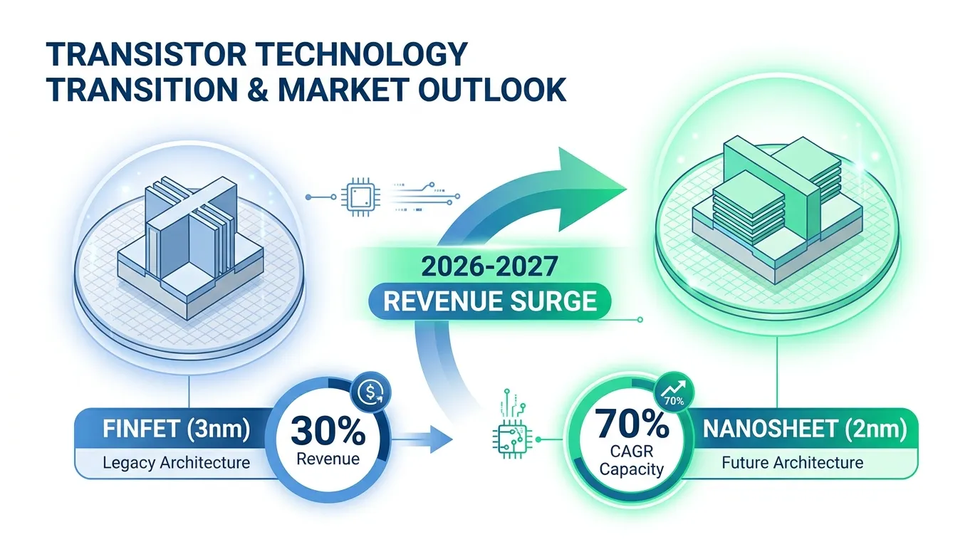 A sleek, high-tech comparison layout showing the transition from FinFET (3nm) to Nanosheet (2nm) transistors. On the left, a 3nm wafer with "30% Revenue" label; on the right, a 2nm wafer glowing with "70% CAGR Capacity" label, with an arrow indicating a 2026-2027 revenue surge.