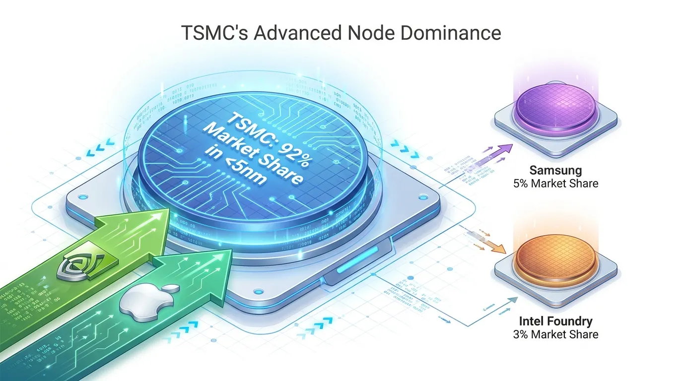 A futuristic, 3D isometric diagram titled "TSMC's Advanced Node Dominance." On the left, a large silicon wafer glowing blue, labeled "TSMC: 92% Market Share in <5nm." On the right, two significantly smaller wafers labeled "Samsung" and "Intel Foundry," showing 5% and 3% respectively. Arrows showing NVIDIA and Apple logos flowing exclusively into the TSMC wafer.