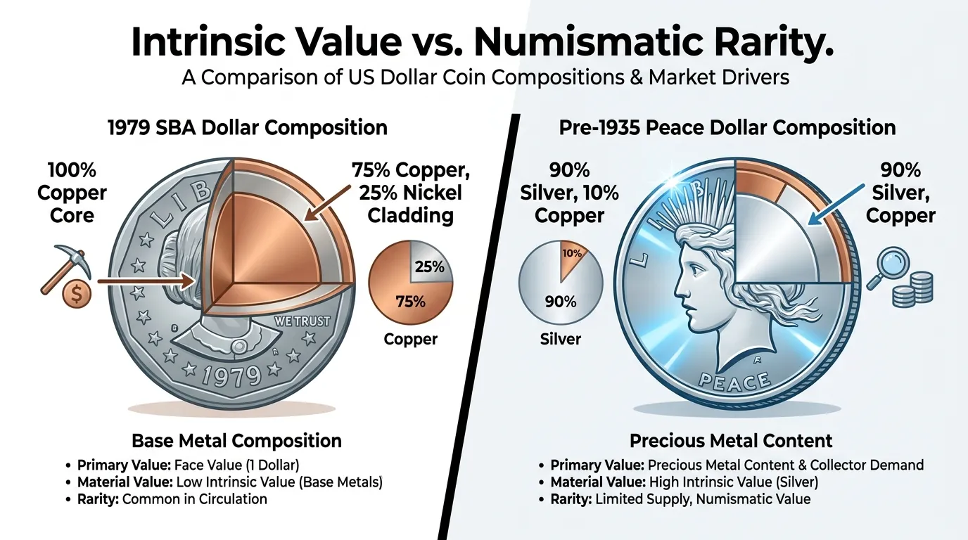 A high-contrast split-view diagram. Left side: 1979 SBA Dollar composition (75% copper, 25% nickel cladding over a 100% copper core). Right side: Pre-1935 Peace Dollar (90% silver, 10% copper). Text overlay: "Intrinsic Value vs. Numismatic Rarity."