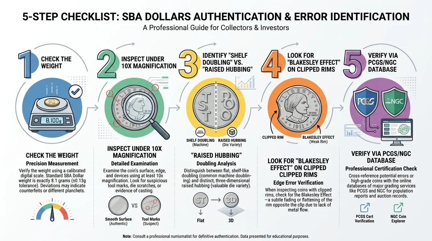 A clean, modern 5-step checklist for SBA Dollars. Step 1: Check the Weight (8.1g). Step 2: Inspect under 10x Magnification for tool marks. Step 3: Identify "Shelf Doubling" vs. "Raised Hubbing." Step 4: Look for "Blakesley Effect" on clipped rims. Step 5: Verify via PCGS/NGC database.
