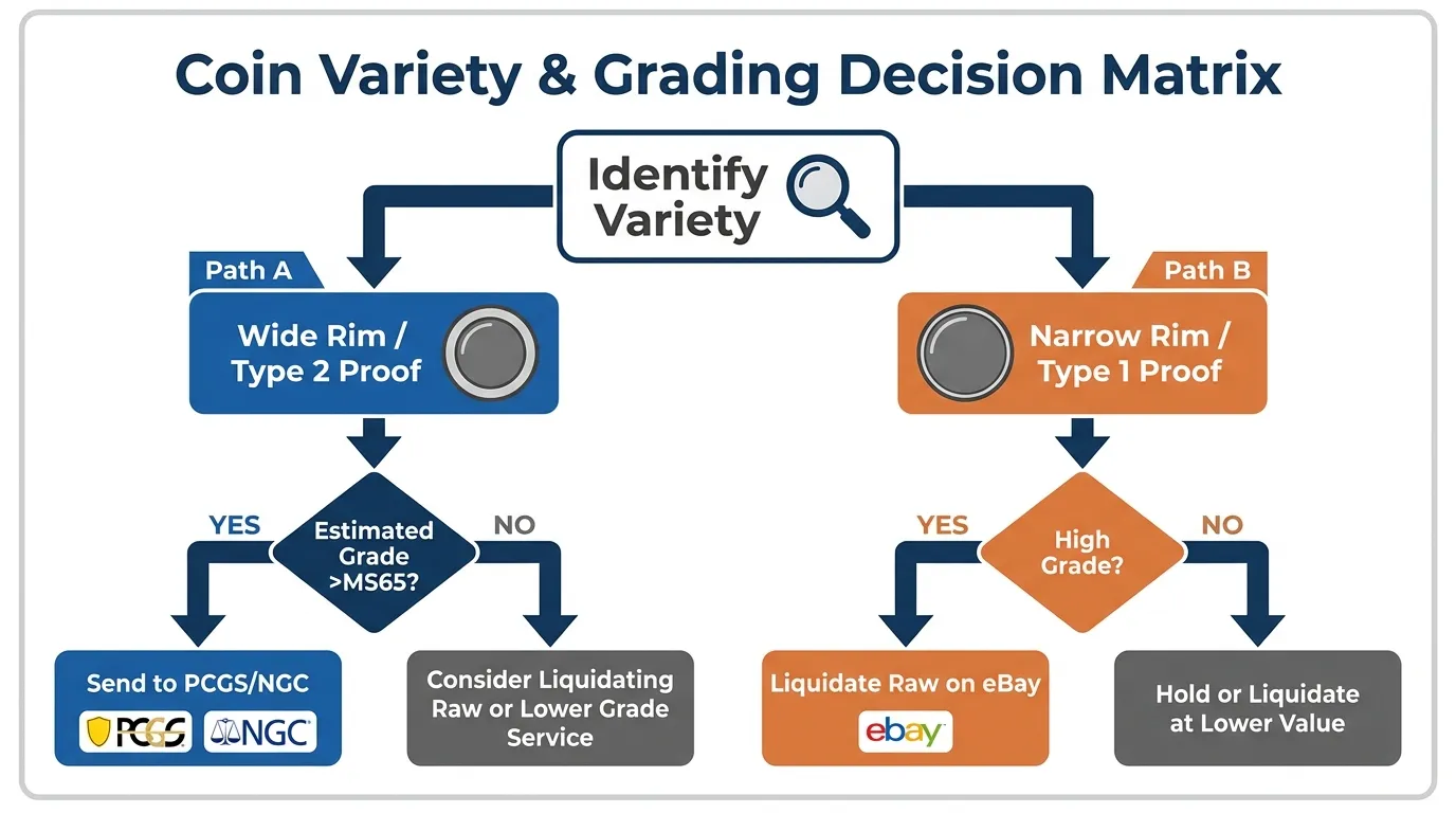 A clean, high-contrast decision tree flowchart. Start: "Identify Variety." Path A: "Wide Rim / Type 2 Proof" -> "Estimated Grade >MS65?" -> "Send to PCGS/NGC." Path B: "Narrow Rim / Type 1 Proof" -> "High Grade?" -> "Liquidate Raw on eBay."