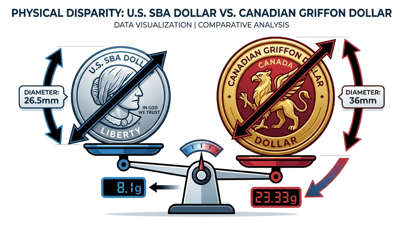 A high-contrast diagram showing a U.S. SBA dollar next to a Canadian Griffon dollar. Arrows point to the diameter differences (26.5mm vs 36mm) and a weight scale showing 8.1g vs 23.33g to emphasize the physical disparity.