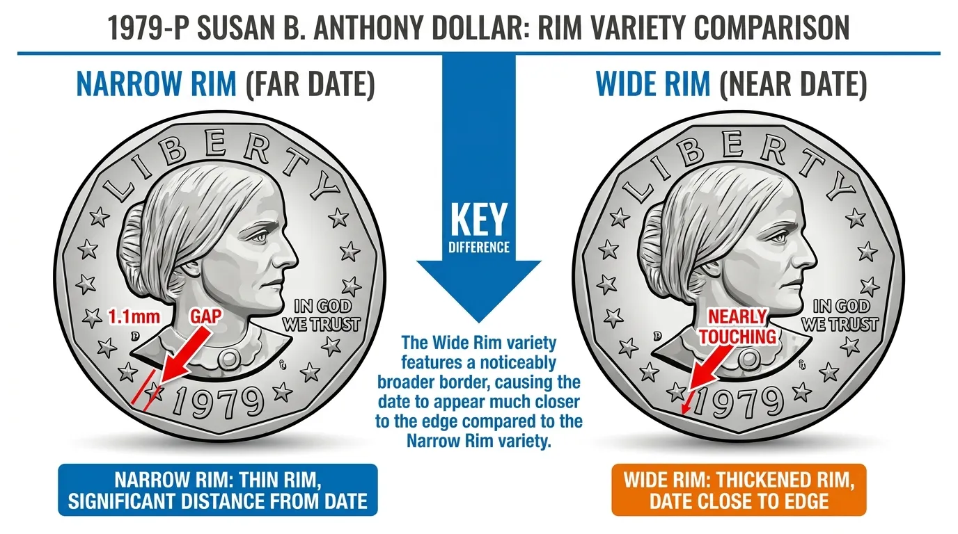 A side-by-side macro comparison of two 1979-P Susan B. Anthony dollars. The left coin is labeled "Narrow Rim (Far Date)" with an arrow showing a 1.1mm gap between the '1' and the rim. The right coin is labeled "Wide Rim (Near Date)" with an arrow showing the '1' nearly touching the thickened rim. High-contrast labels highlight the rim thickness difference.