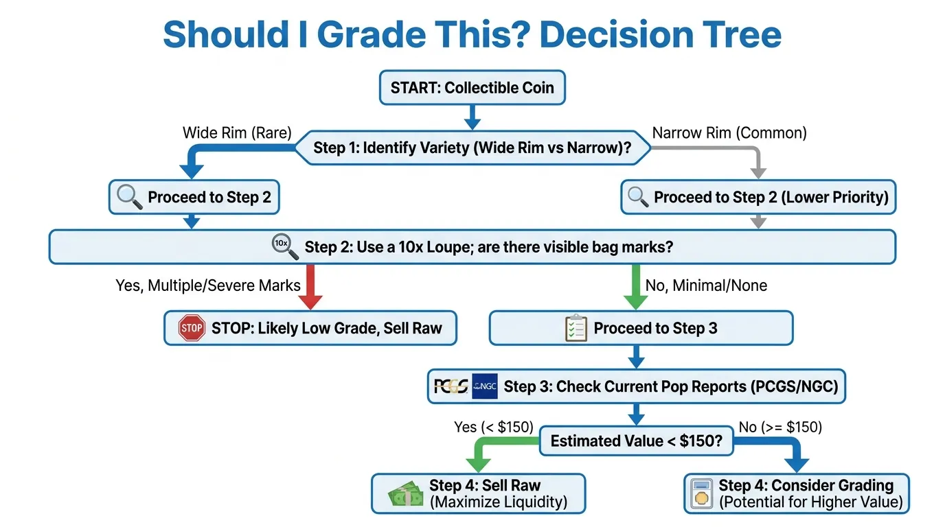 "Should I Grade This?" Decision Tree. Step 1: Identify Variety (Wide Rim vs Narrow). Step 2: Use a 10x Loupe; are there visible bag marks? Step 3: Check Current Pop Reports (PCGS/NGC). Step 4: If estimated value < $150, sell raw.