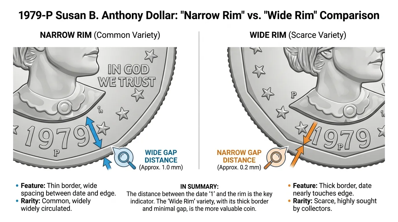 macro side-by-side comparison of 1979-P Susan B. Anthony dollars, left side showing "Narrow Rim" with wide space between date '1' and edge, right side showing "Wide Rim" with date '1' nearly touching the thick border, technical arrows pointing to the gap distance.