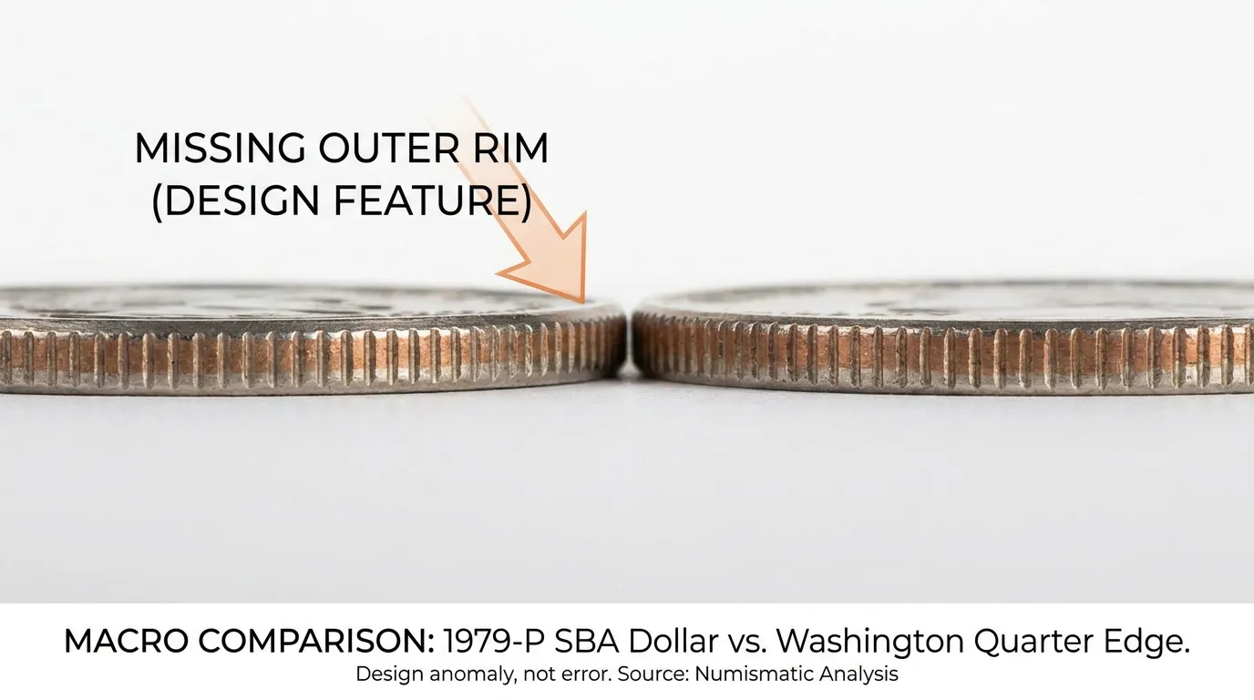 macro photography of a 1979-P SBA dollar edge-aligned with a Washington Quarter, highlighting the missing outer rim of the dollar design.