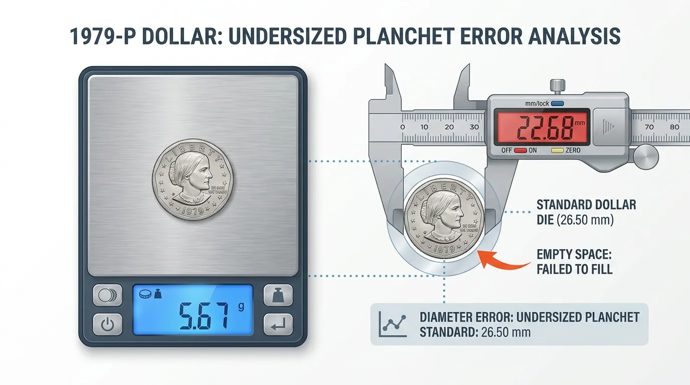 A high-resolution jewelry scale showing a 1979-P dollar weighing exactly 5.67g. Adjacent to it, a set of digital calipers measures the diameter, highlighting the "empty space" where the coin failed to fill the dollar-sized die.