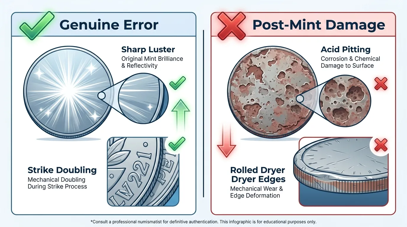 A high-contrast side-by-side checklist. Left side: "Genuine Error" (showing sharp luster and strike doubling). Right side: "Post-Mint Damage" (showing acid pitting and rolled dryer edges). Use red "X" and green "Check" icons for quick scanning.