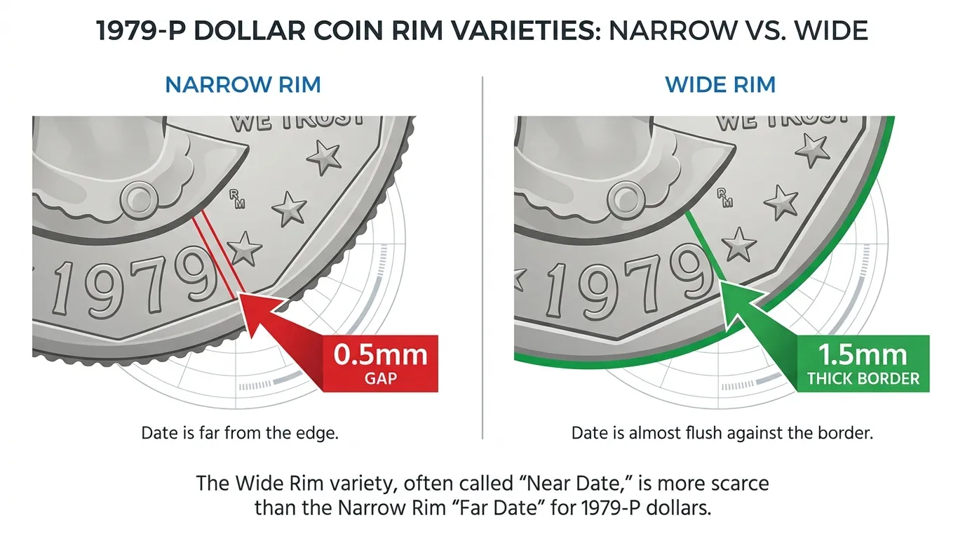 High-resolution macro side-by-side of 1979-P dollars. Left side shows "Narrow Rim" with a red arrow indicating a 0.5mm gap. Right side shows "Wide Rim" with a green arrow showing the date almost flush against a 1.5mm thick border.