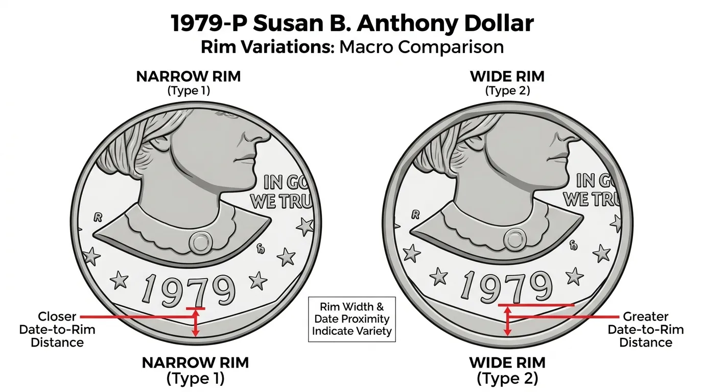 macro comparison of 1979-P Susan B. Anthony dollar rims, side-by-side view highlighting the distance between the date and the rim edge with red callout lines.