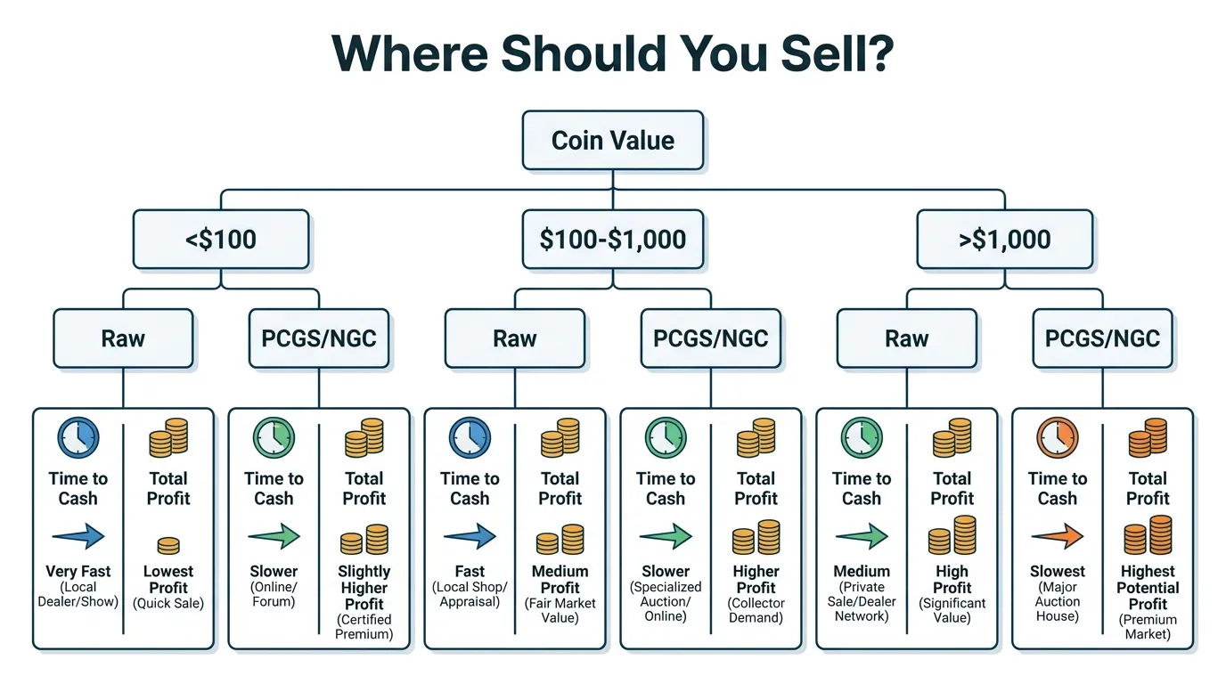 A decision tree titled "Where Should You Sell?" branching based on coin value (<$100, $100-$1,000, >$1,000) and certification status (Raw vs. PCGS/NGC), comparing "Time to Cash" vs "Total Profit."
