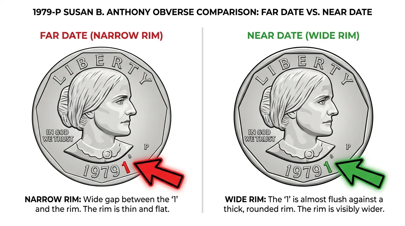 A high-resolution, side-by-side macro comparison of the 1979-P Susan B. Anthony obverse. Left side shows "Narrow Rim" with a red arrow highlighting the wide gap between the '1' and the rim. Right side shows "Wide Rim" with a green arrow showing the '1' almost flush against a thick, rounded rim. Labels: "Far Date" vs. "Near Date."
