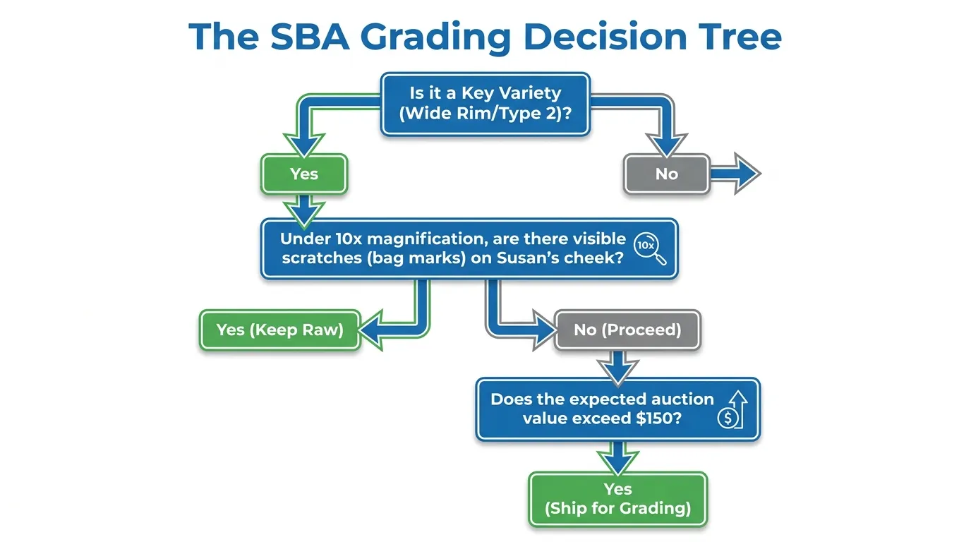 A clean, vertical flow-chart titled "The SBA Grading Decision Tree." Box 1: "Is it a Key Variety (Wide Rim/Type 2)?" -> Yes/No. Box 2: "Under 10x magnification, are there visible scratches (bag marks) on Susan's cheek?" -> Yes (Keep Raw) / No (Proceed). Box 3: "Does the expected auction value exceed $150?" -> Yes (Ship for Grading).