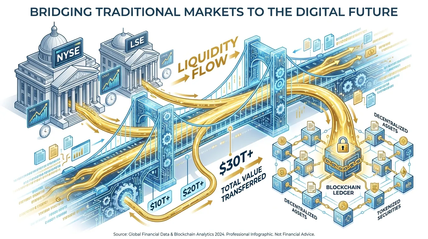A high-tech digital bridge connecting traditional stock exchange buildings (NYSE, LSE) to a glowing blockchain ledger, with gold lines representing "liquidity flow" labeled in trillions.