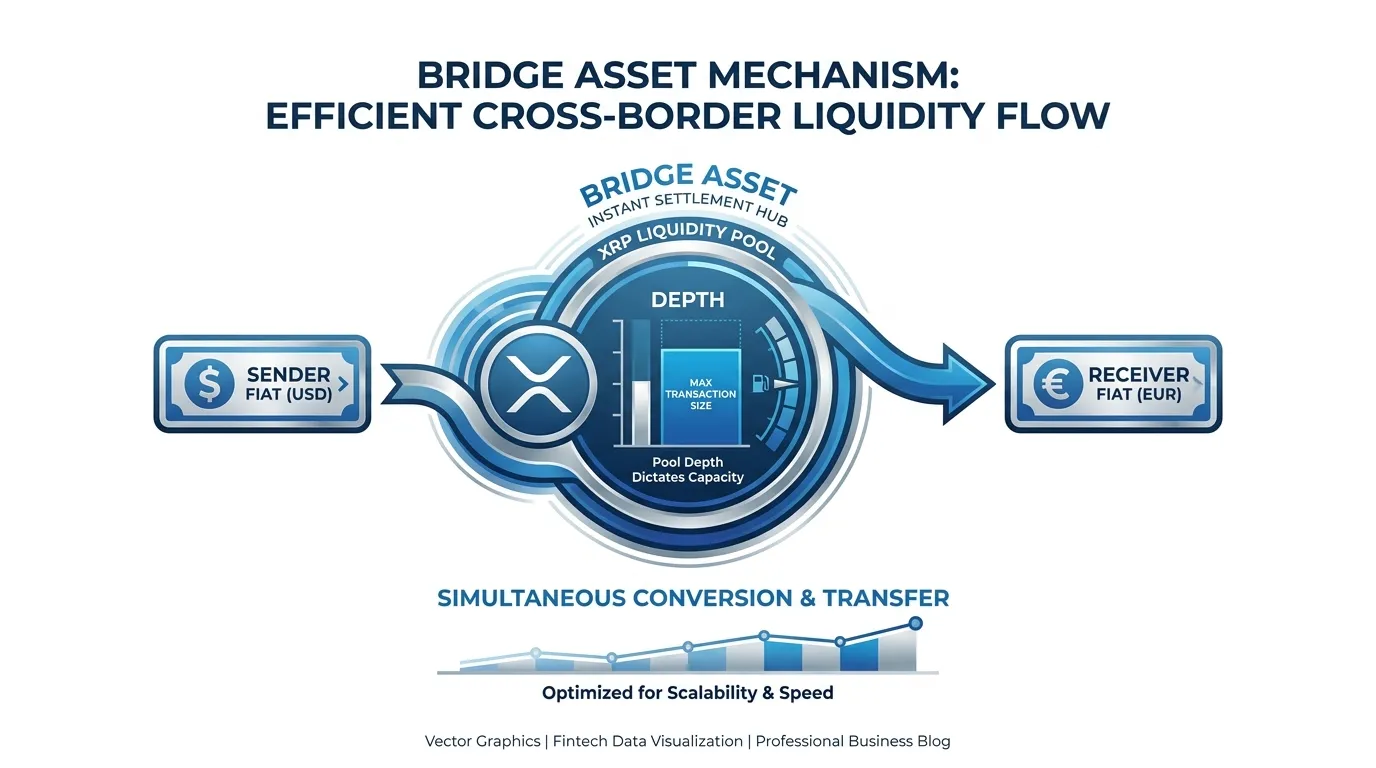 Professional fintech flow diagram illustrating the "Bridge Asset Mechanism." On the left, "Sender Fiat (USD)" converts into a central "XRP Liquidity Pool," which simultaneously converts to "Receiver Fiat (EUR)" on the right. Highlight that the depth of the central pool dictates the maximum transaction size. Use a minimalist, institutional blue and silver palette.